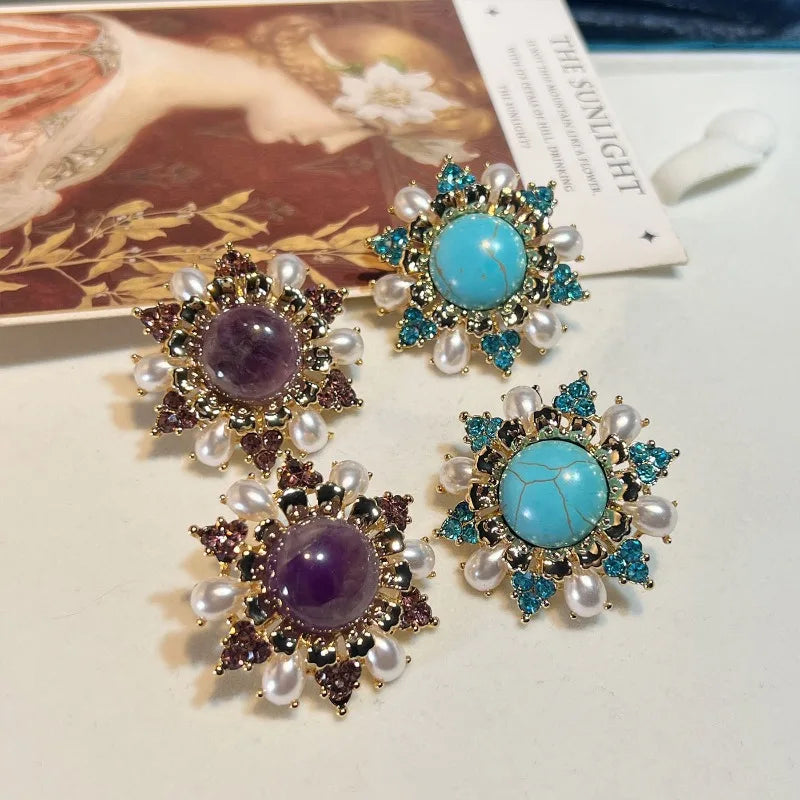 NISHIZAWA Amethyst Turquoise Earrings for Women Palace Style Geometric Retro Jewelry Fashion Elegant Aretes De Mujer
