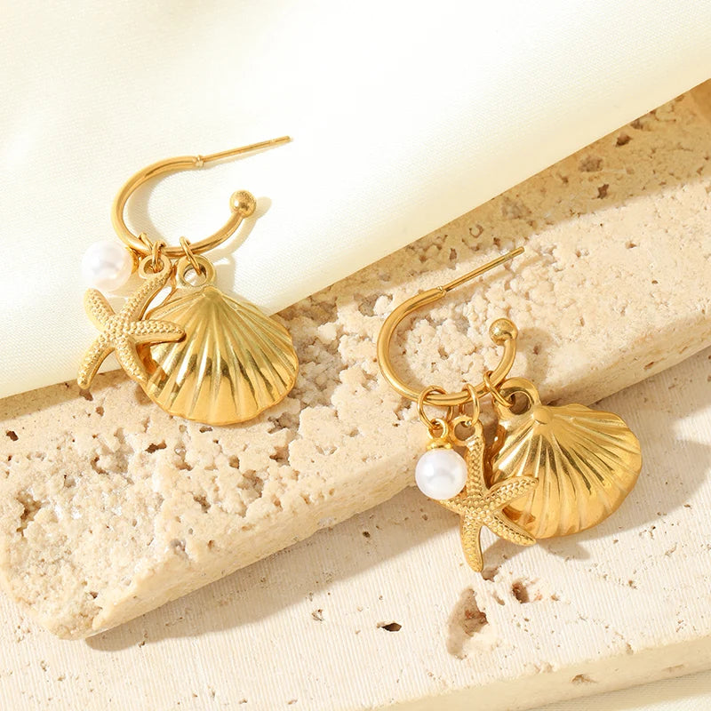 EILIECK 316L Stainless Steel Gold Color Starfish Shell Pearl Necklace Earrings Set For Women Trendy Waterproof Jewelry Lady Gift