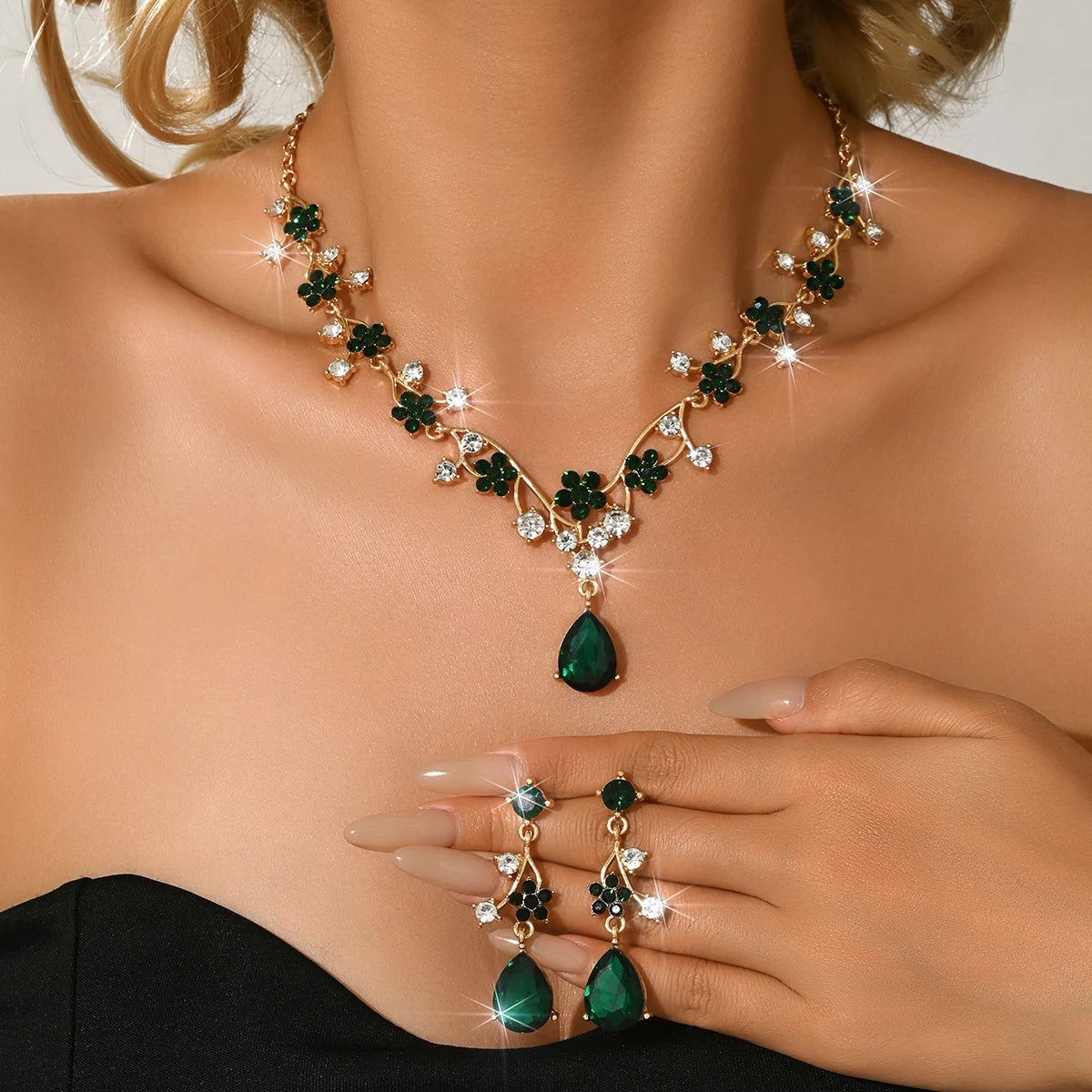 Light Luxury Diamond Inlaid Zircon Necklace Earrings Angel Tears Jewelry Two-Piece Set Wedding Accessories