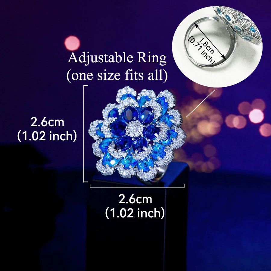 ThreeGraces Elegant Shiny Blue Zirconia 3D Design Big Flower Open Size Ring for Women Luxury Bridal Wedding Party Jewelry R325