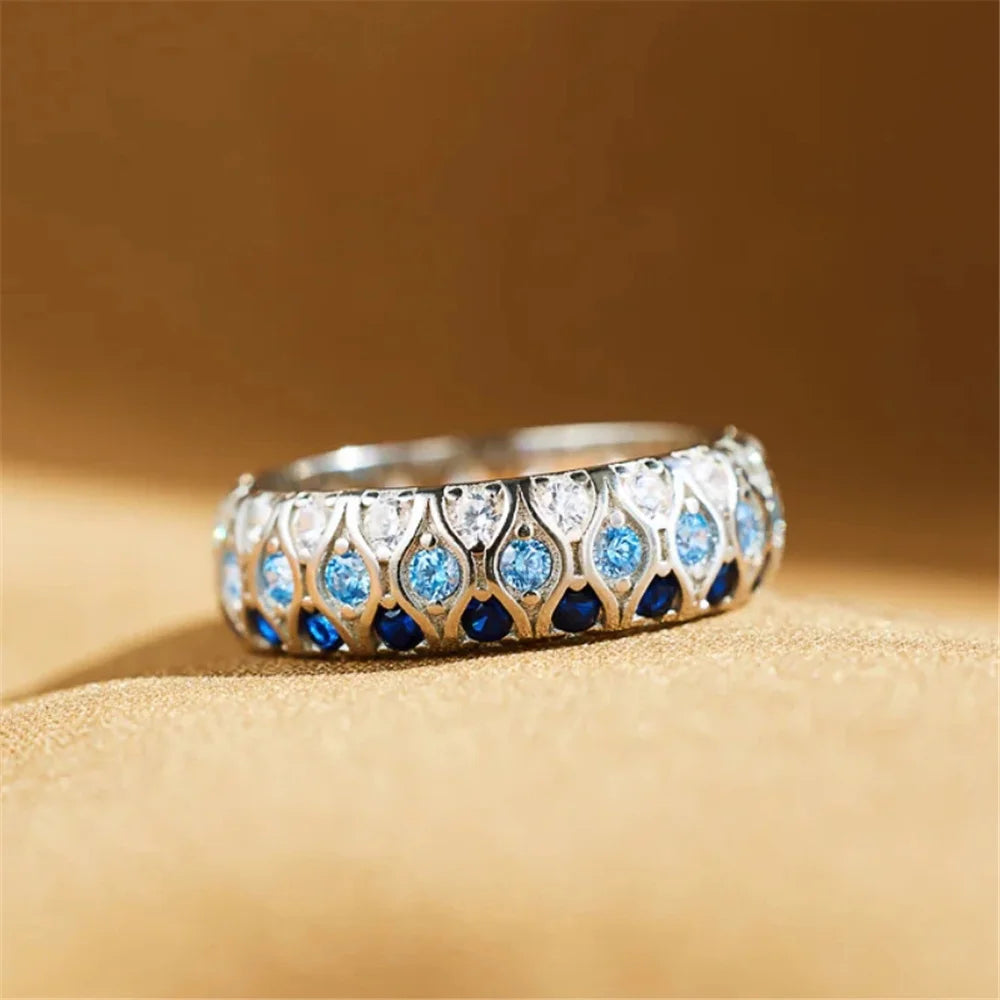 Cute Female White Blue Zircon Round Stone Silver Color Wedding Jewelry Promise Engagement Rings For Women