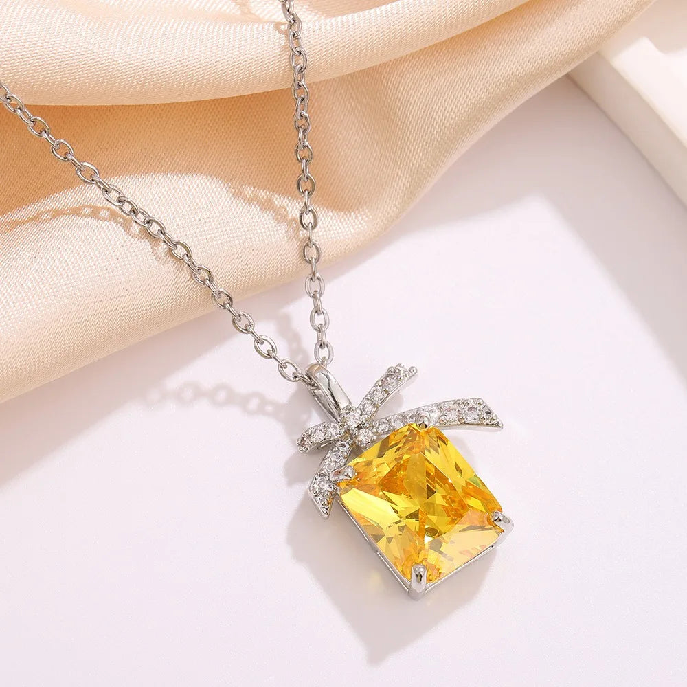 Yellow CZ Pendant Necklace for Women Silver Tone Bow Charm Crystal Necklaces Elegant Fashion Jewelry Gift new hot