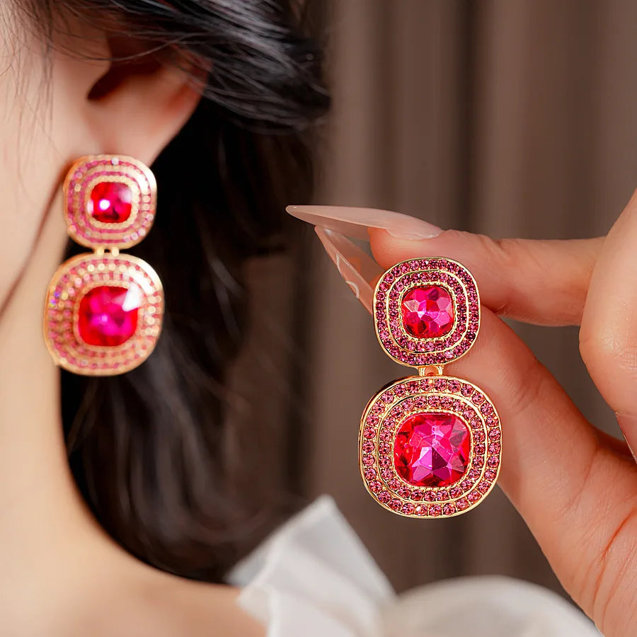 Vintage Full Rhinestones Square Dangle Earrings for Women Shiny Exquisite High-end Geometric Drop Earring Luxury Jewelry Gifts N