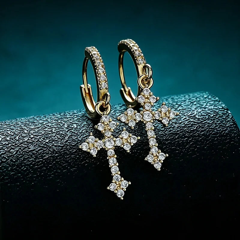 OXTAO Statement Hiphop Cross Earrings for Men Women 2.5mm D VVS1 Moissanite Drop Earrings Party Jewelery Gifts 14K Gold Filled