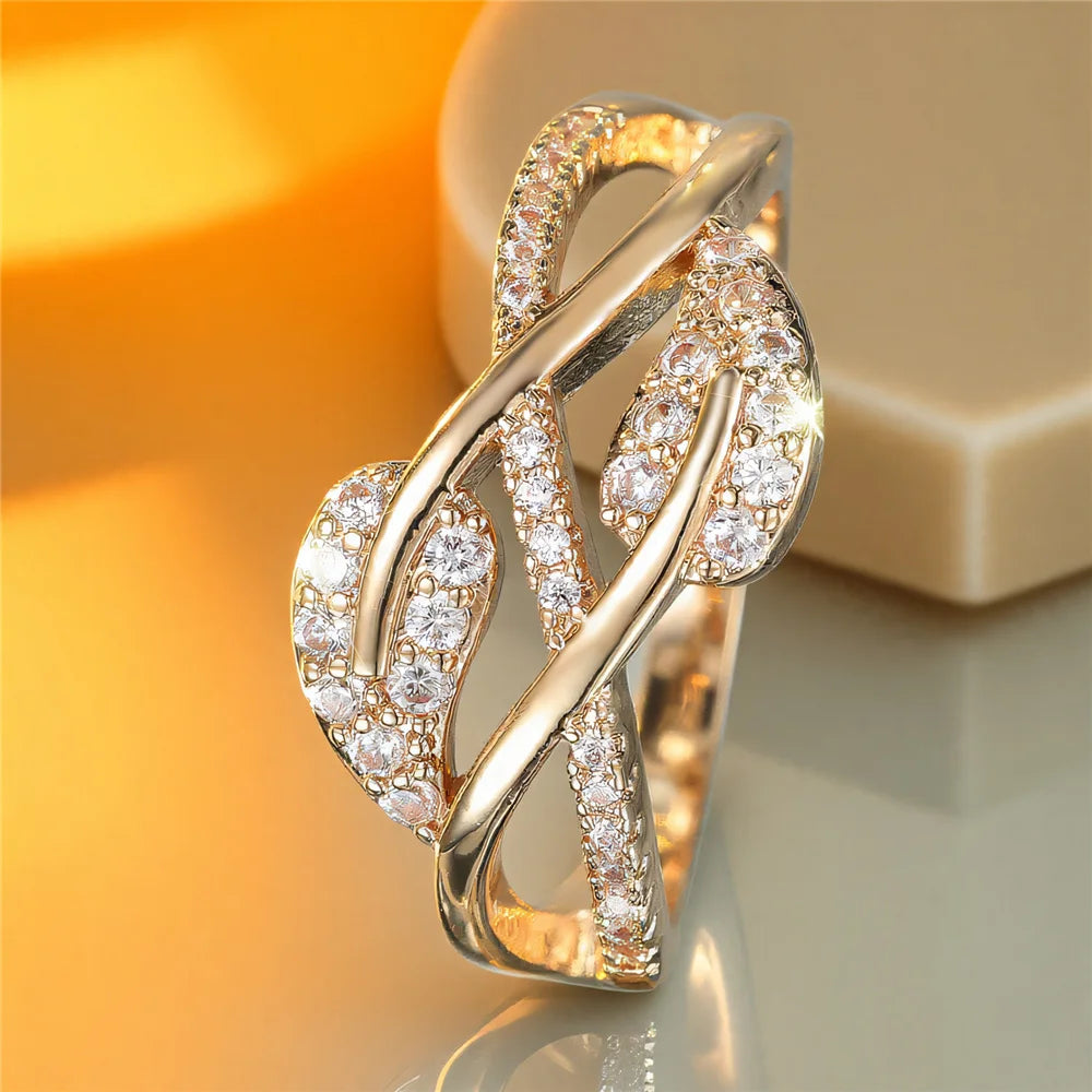 Cute Female White Zircon Stone Tree Leaf Ring Gold Color Engagement Charm Wedding Jewelry For Women
