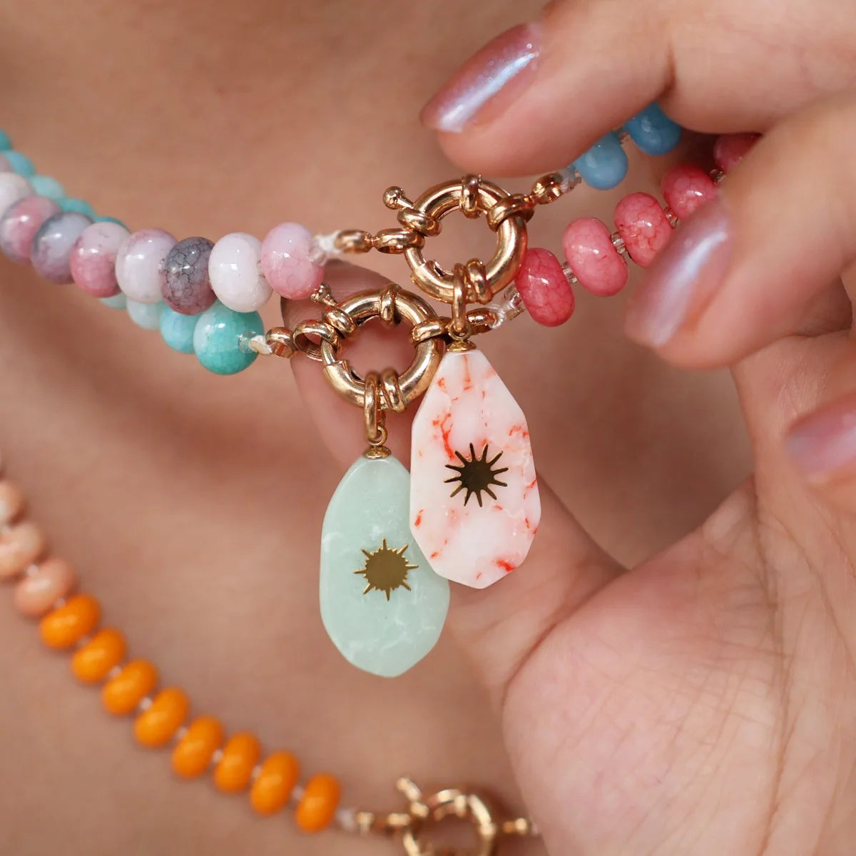 Colorful Natural Stone Beaded Pendant Necklace with Gold Color Star Boho Handmade Beads Choker Summer Beach Vacation Jewelry