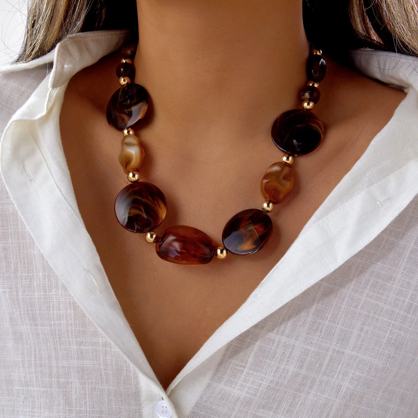 Colorful Irregular Resin Beaded Heart Pendant Necklace for Women Bohemia Brown Round Adjustable Choker Party Jewelry Gifts