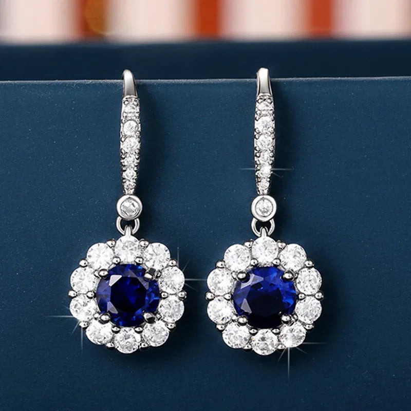 Elegant Round Flower Blue Zircon Sterling Silver Dangle Earrings Dazzling CZ Women Wedding Accessories Fashion Earrings