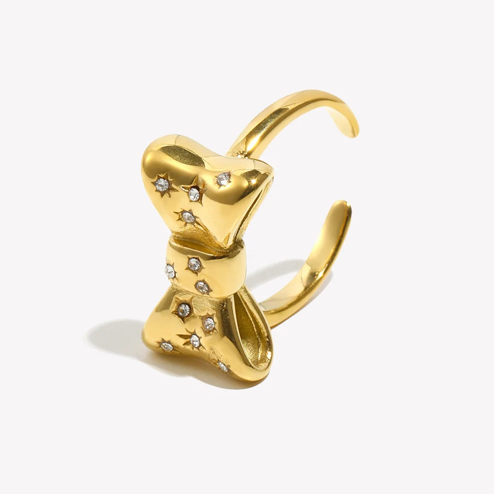 E.B.belle Micro Inlaid Bow Open Ring Waterproof Silver Color 316L Stainless Steel Decoration 18K Gold Plated Jewelry
