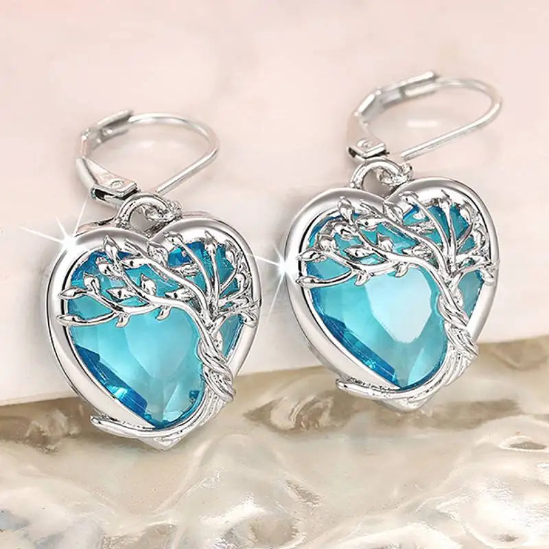 Huitan Elegant Women Blue Heart Drop Earrings Aesthetic Engagement Accessories Charming Tree Design Anniversary Jewelry Gift