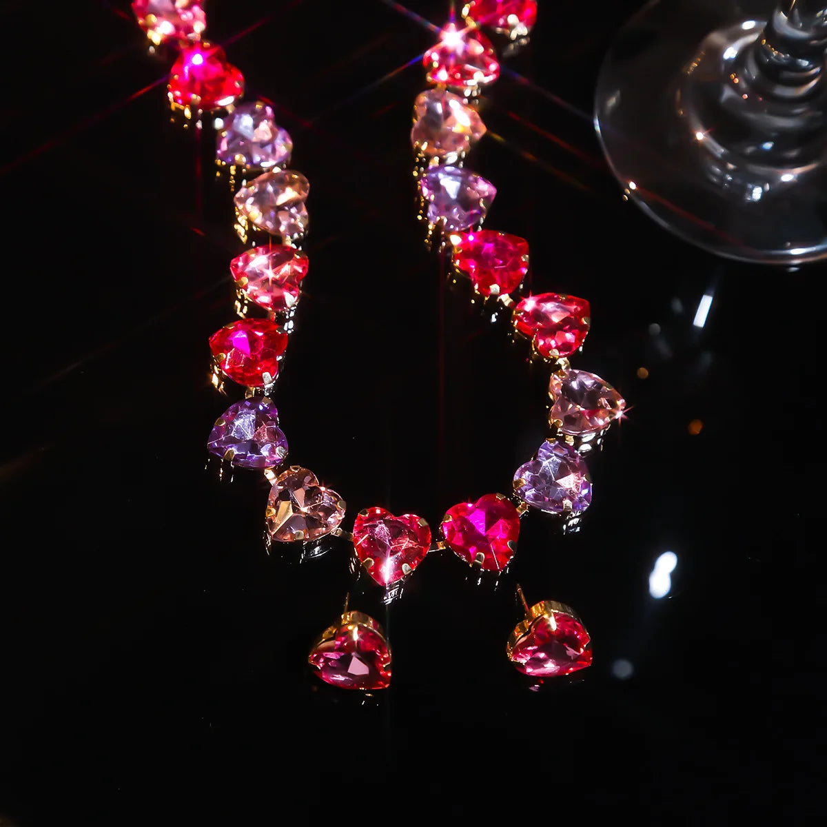 FYUAN Sweet Rose Red Heart Pendant Necklace For Women Crystal Earrings Weddings Banquet Jewelry Sets