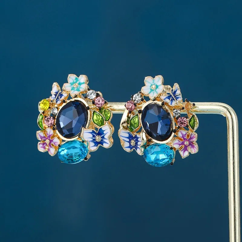 1pair Women Gold Color Hoop Earrings Aesthetic Colorful Enamel Flower Design Wedding Party Accessories Trendy Jewelry with CZ