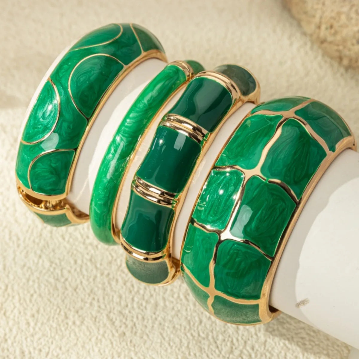 KMVEXO Bohemia Green Imitation Enamel Irregular Geometric Wide Bangle Chunky Metal Cuff Bracelet Fashion Punk Hip Hop Jewelry