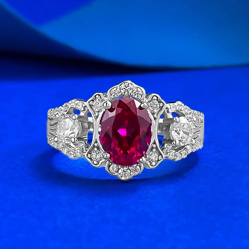 Vintage 100% 925 Sterling Silver 6*8mm Blood Ruby Rings for Women Lab Diamond Gemstone Cocktail Party Fine Jewelry Birtyday Gift