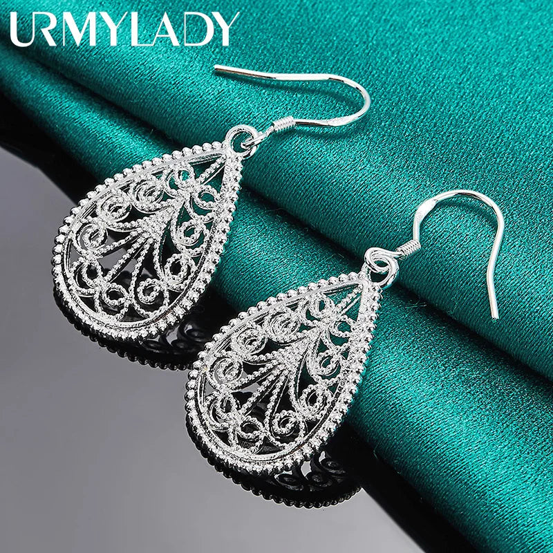 URMYLADY 925 Sterling Silver Water Drop Hollow Plant Earrings For Women Wedding Engagement Party Fashion Jewelry