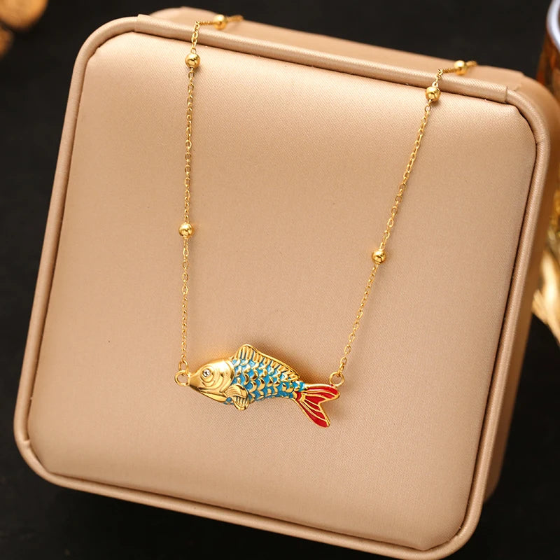 EILIECK Women's Trendy Colorful Creative Fish Pendant Necklace Stainless Steel Neck Chain Daily Water-resistant Jewelry Gift