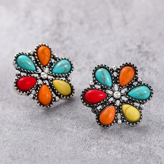 Vintage Bohemian Flowers Colorful Turquoise Design Earrings for Women's Hollow Sunflower Ethnic Style Earrings  Jewelry Gift