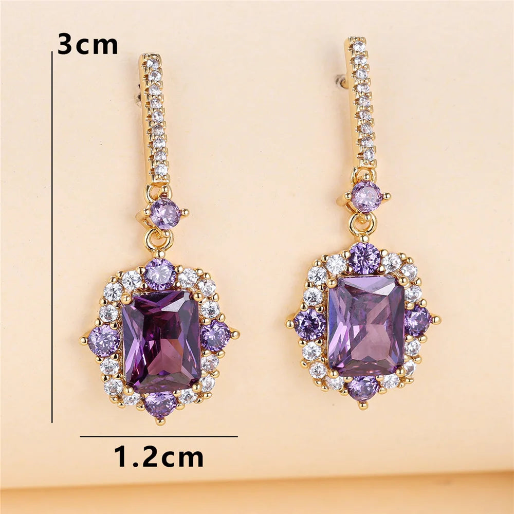 Luxury Female Purple Red Square Zircon Stone Drop Dangle Earrings Unique Gold Color Evening Jewelry For Women
