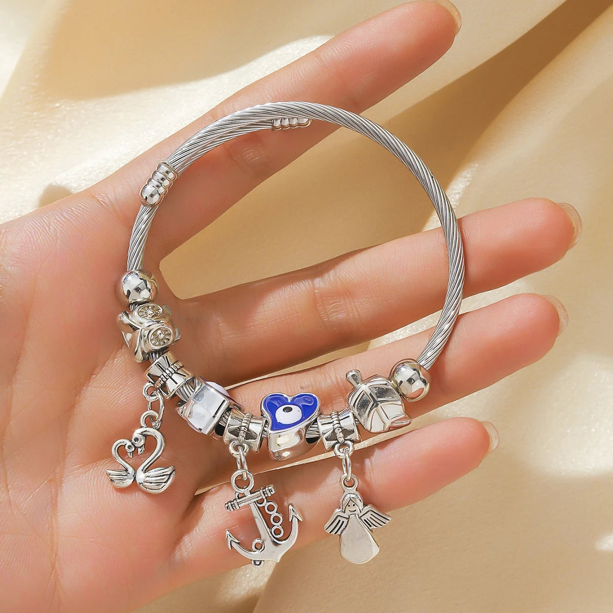 1PC Women's Fashion  Multi Element Stainless Steel DIY Teddy Bear Bead Bracelet Date Banquet Party Festival Dressing Gift