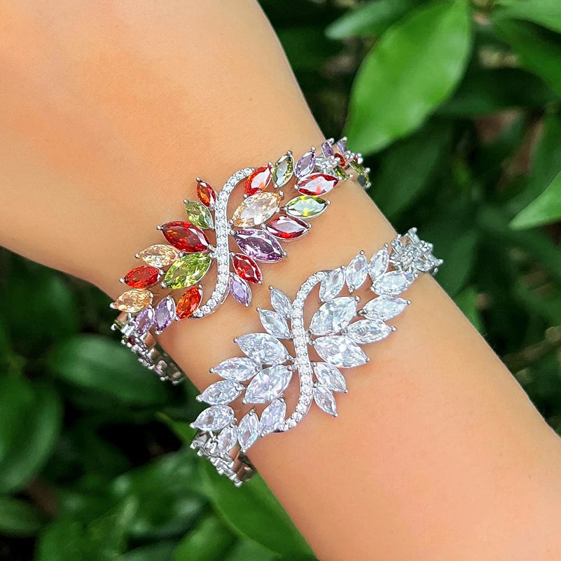 ThreeGraces Luxury Shiny Multicolor Zirconia Big Leaf Bracelet for Women Fashion Bridal Wedding Evening Party Jewelry BR402