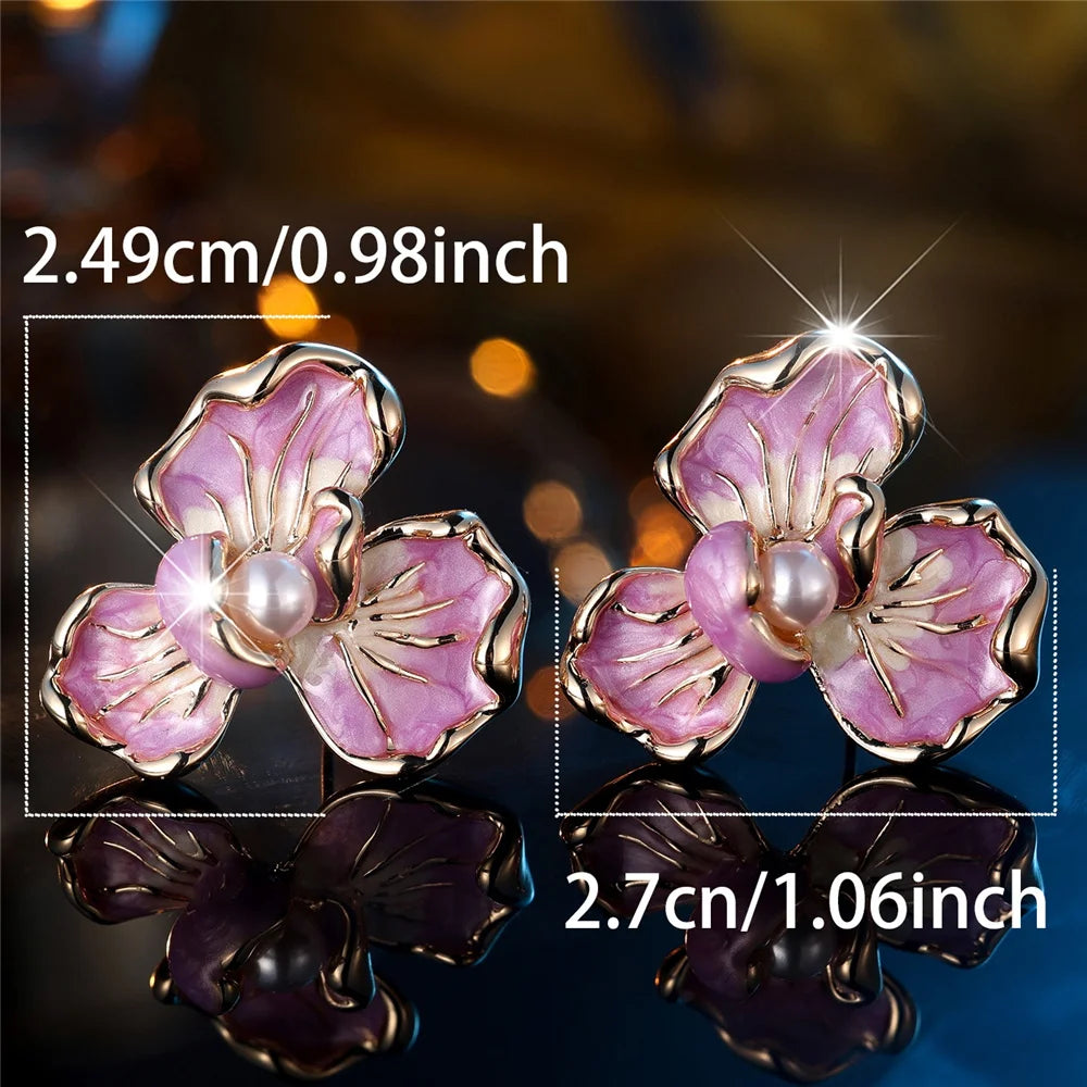 Cute Female White Pearl Purple Enamel Gold Color Flower Stud Earrings Lovely Bridal Wedding Jewelry For Women
