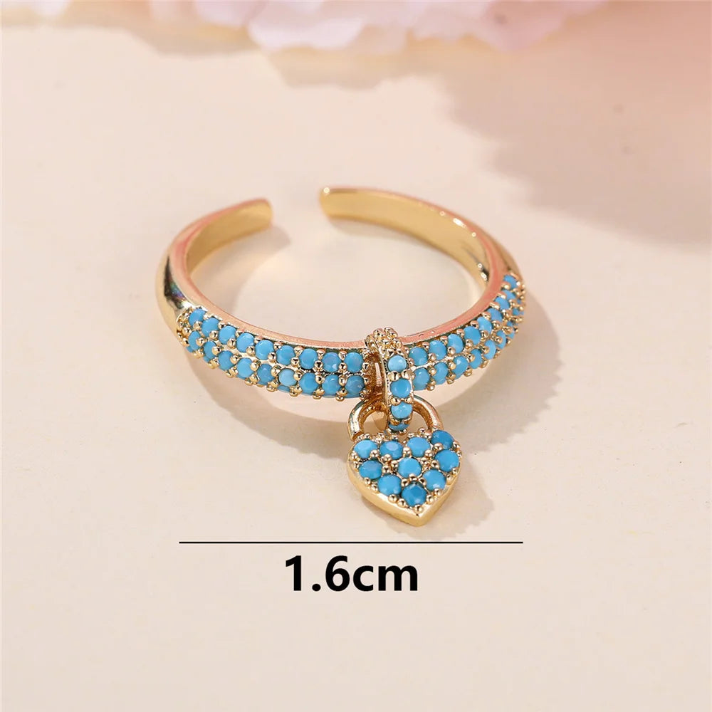 Charm Female Water Blue Crytal Adjustable Love Heart Open Ring Gold Color Cute Gift Wedding Jewelry For Women