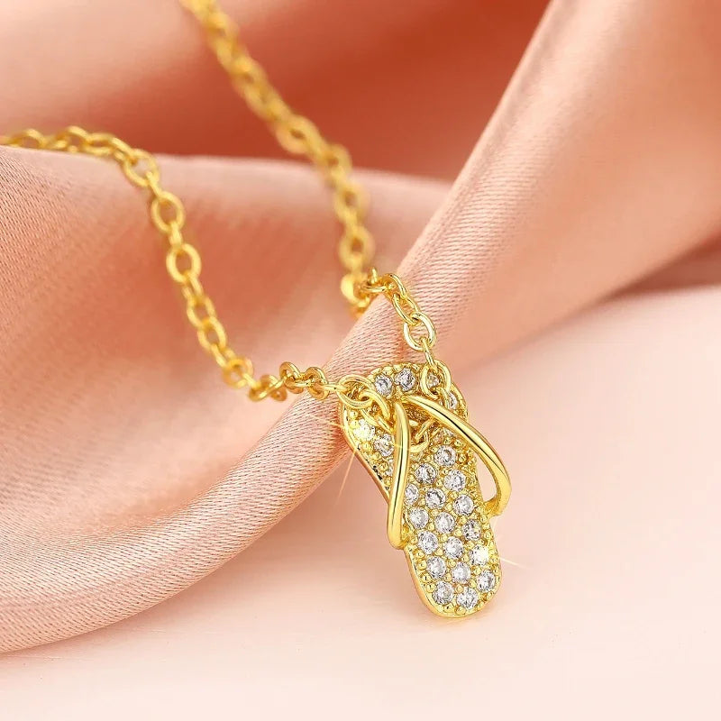 Chic Flip Flops Shaped Pendant Necklace for Women Bling Crystal CZ Funny Summer Girls Neck Accessories Statement Jewelry