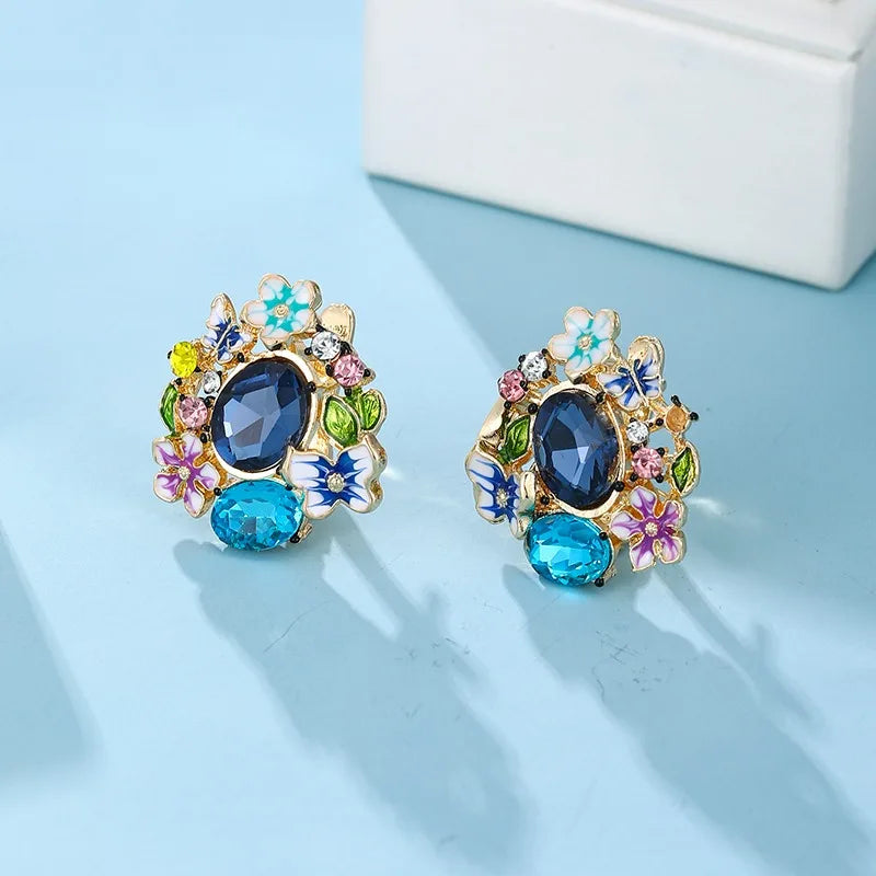 1pair Women Gold Color Hoop Earrings Aesthetic Colorful Enamel Flower Design Wedding Party Accessories Trendy Jewelry with CZ
