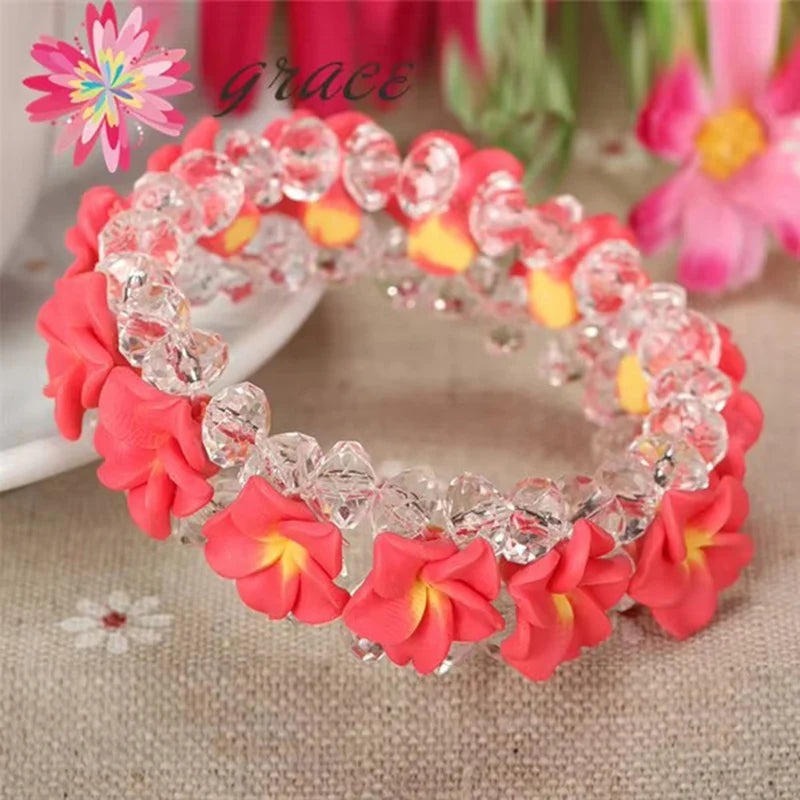 1pc/lot Handmade Cute Polymer Clay Frangipani Plumeria Hawaiian Flower Bracelets For Girls Women Holiday seaside Hawaii Jewelry