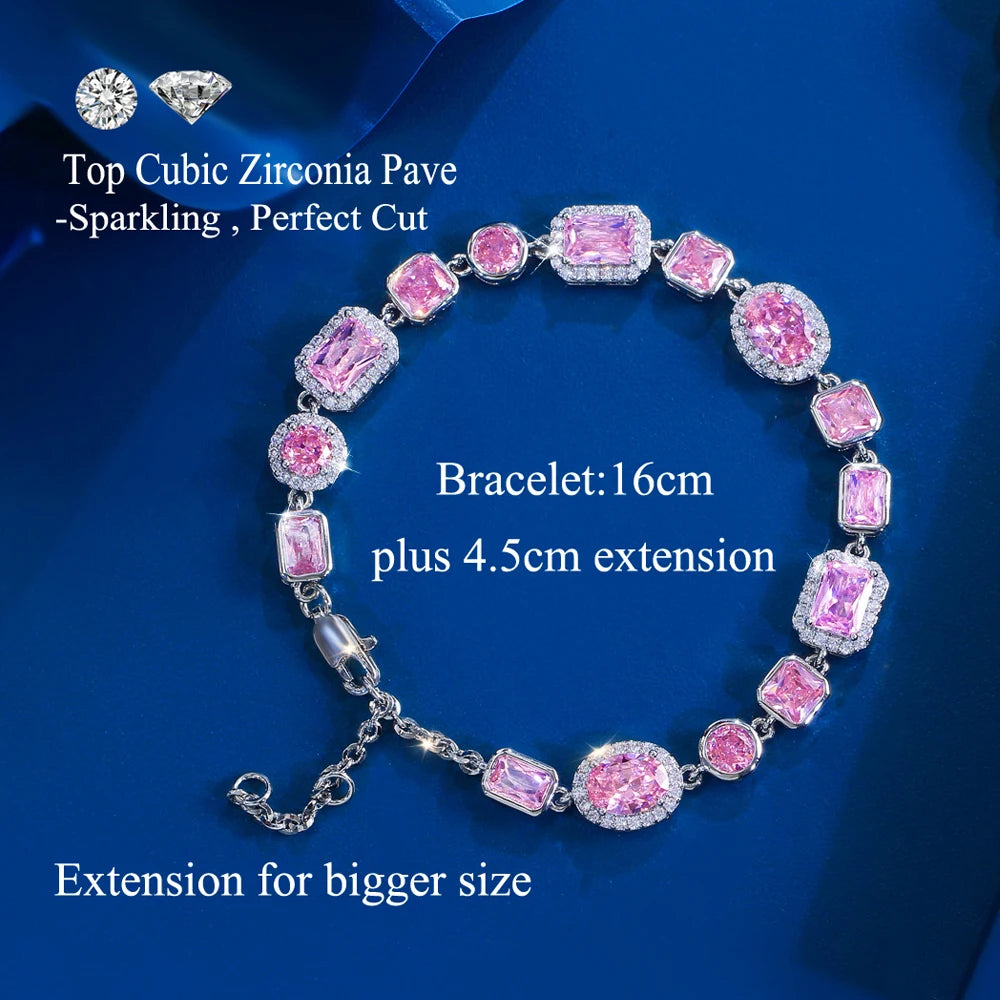 ThreeGraces Elegant Shiny Pink Zirconia Vintage Bridal Geometric Link Chain Bracelet for Women Fashion Daily Party Jewelry BR432