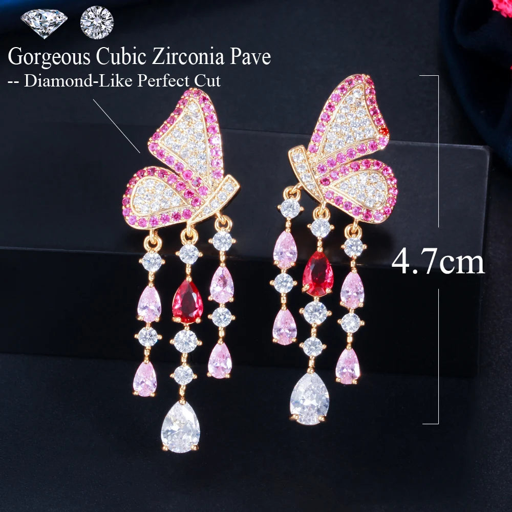 ThreeGraces Elegant Black Cubic Zirconia Butterfly Shape Long Dangle Tassel Earrings for Women New Fashion Party Jewelry E1281