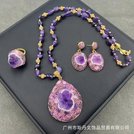 Natural rough stone amethyst flower three-piece set, European and American French personalized raw mineral jewelry sweater chain