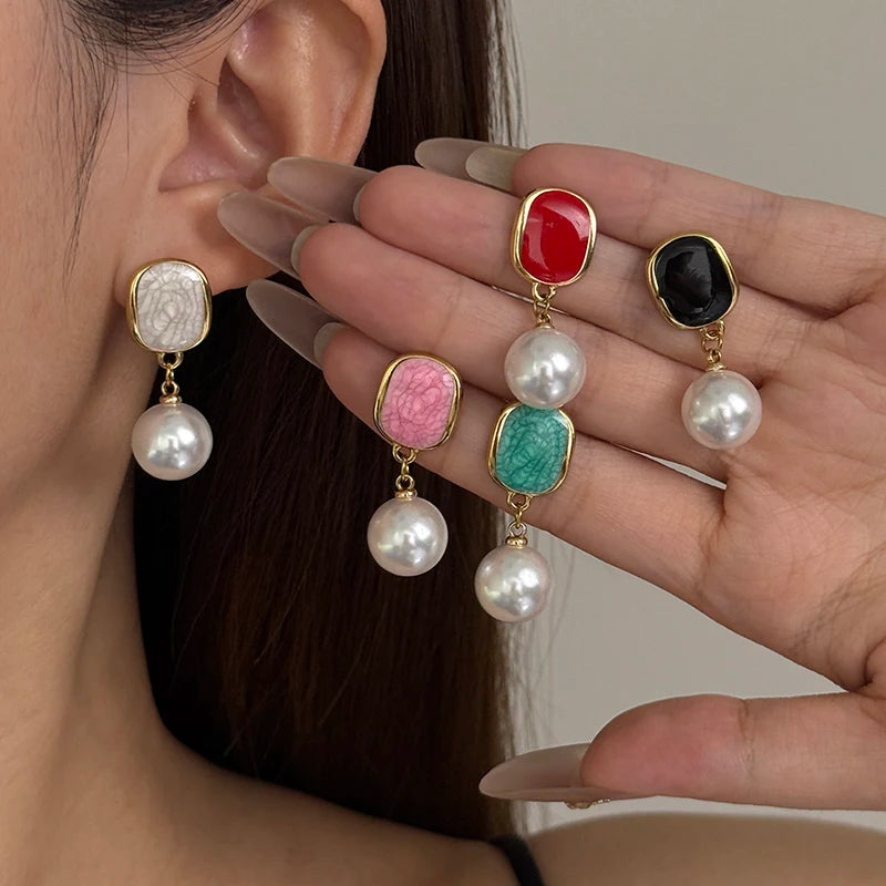 ANENJERY 316L Stainless Steel Geometric Elliptical Drop Glazed Enamel Pearl Earring For Women Fashion Luxury Niche Jewelry Gift