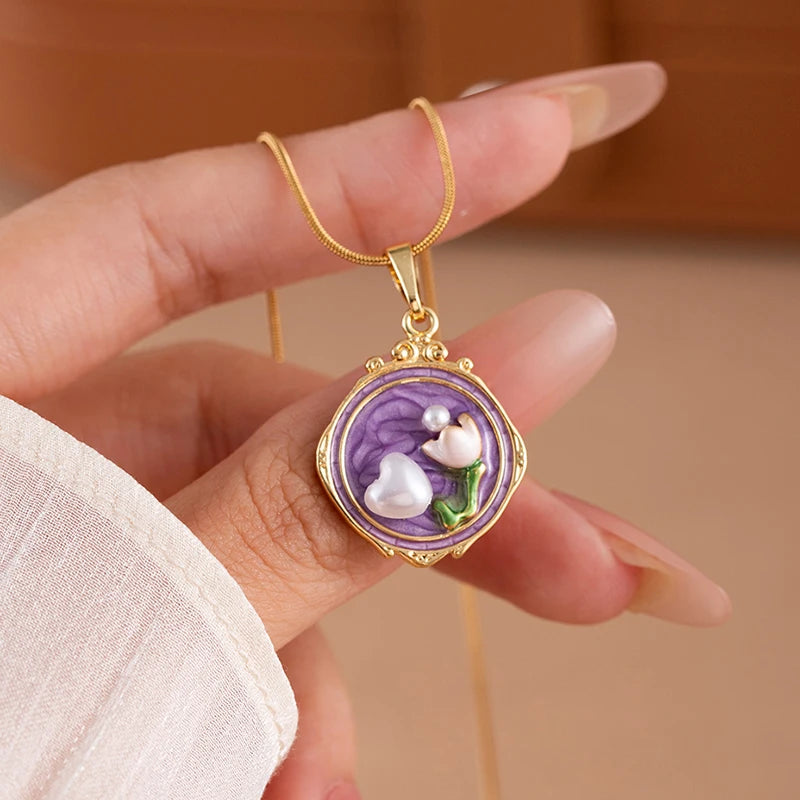 ANENJERY 316L Stainless Steel Flower Butterfly Shell Pendant Necklace For Women Delicate Elegant Fashion Jewelry Gifts Wholesale