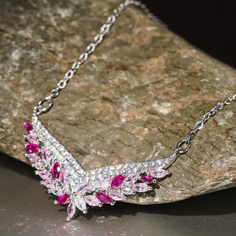 Huitan Wing Design Women Aesthetic Pendant Necklace for Wedding Engagement Gentle Accessories Trendy Party Jewelrywith Shiny CZ