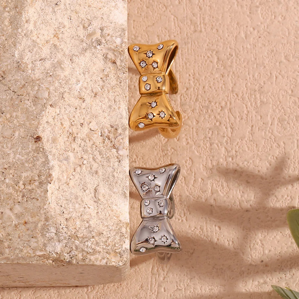 E.B.belle Micro Inlaid Bow Open Ring Waterproof Silver Color 316L Stainless Steel Decoration 18K Gold Plated Jewelry
