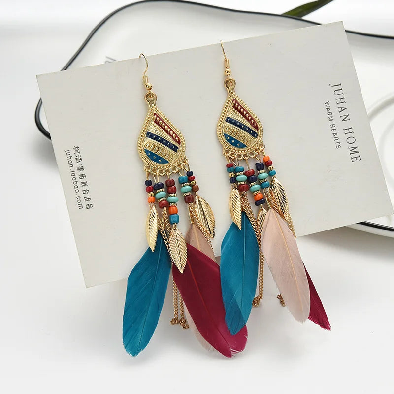 Bohemian Colorful Feather Tassel Earrings For Women Ethnic Beads Drop Statement Hanging Earrings Girls Fashion Jewelry Gift