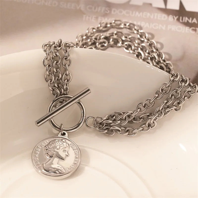EILIECK New Fashion Stainless Steel Coins Heart Charm Bracelet For Women Trendy Gold Silver Color Wrist Chain Jewelry Lady Gift