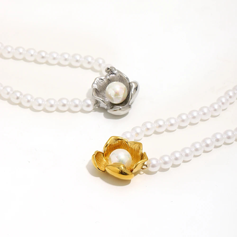 E.B.belle Imitation Pearl Flower Pendant Necklace Hypoallergenic 316L Stainless Steel Accessories 18K Gold Plated Gift