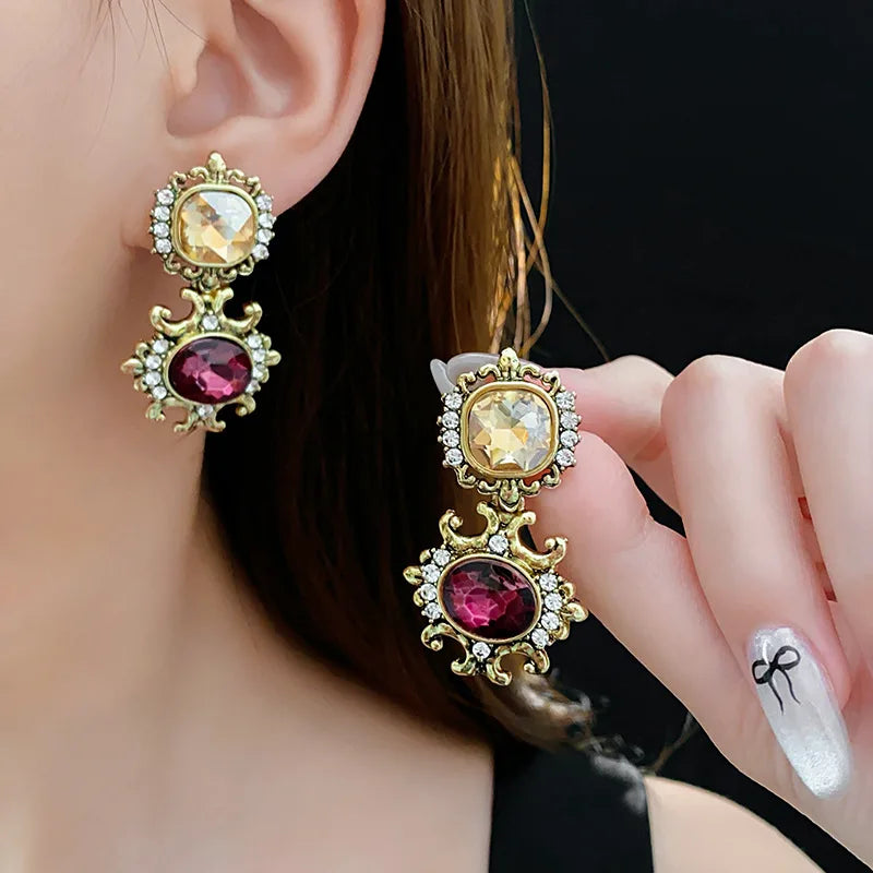 Vintage Square Rhinestone Round Drop Earring Chain Necklace Palace Style Luxury High-end Design Women's Jewelry Sets Wedding J