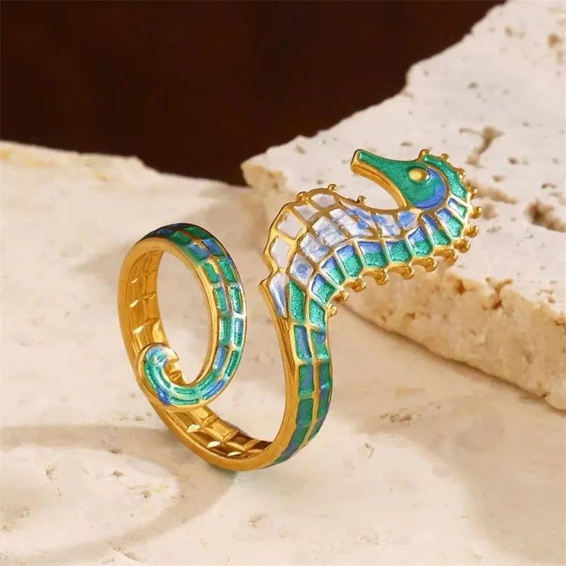 EILIECK 316L Stainless Steel Enamel Seahorse Open Adjustable Ring for Women Water Resistant Fashion Chic Ring Jewelry Bijoux