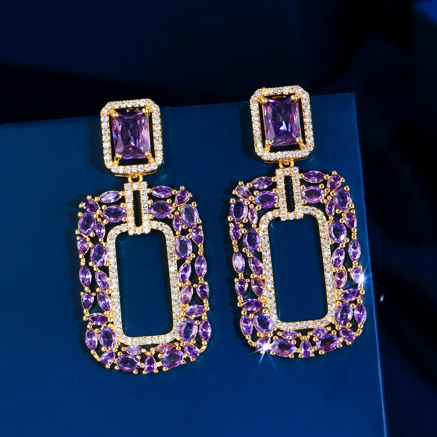 ThreeGraces New Brilliant Purple White Zirconia Long Big Rectangle Dangle Earrings for Women Luxury Bridal Party Jewelry E1963