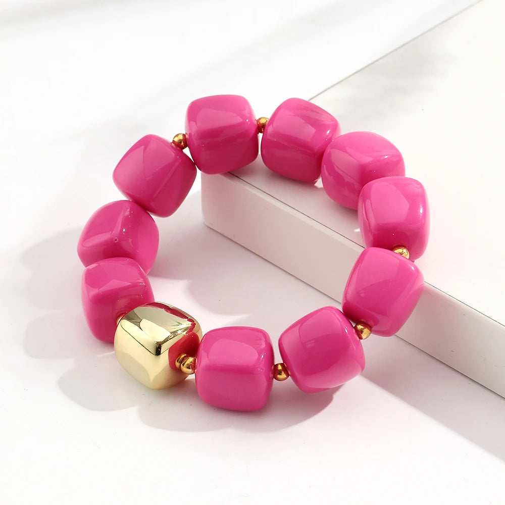 New Pink Square Breaded Elastic Bracelets for Women Resin Geometric Beads Stretch Cuff Bangle Bracelets Fashion Jewelry