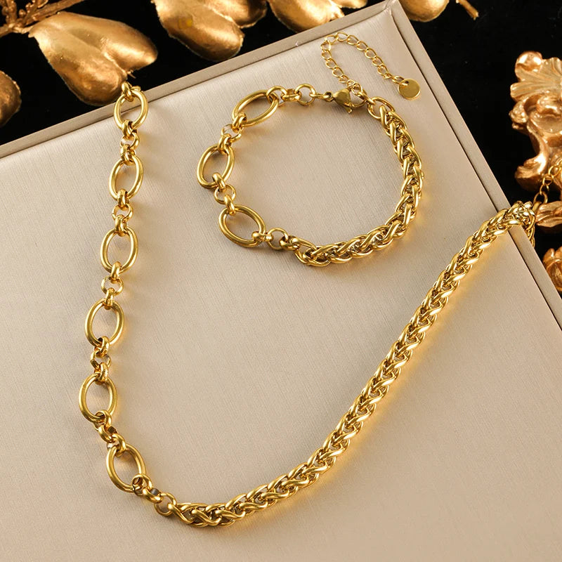 EILIECK 316L Stainless Steel Gold Color Asymmetric Chain Necklace Bracelet Set For Women Fashion Waterproof Jewelry Lady Gift