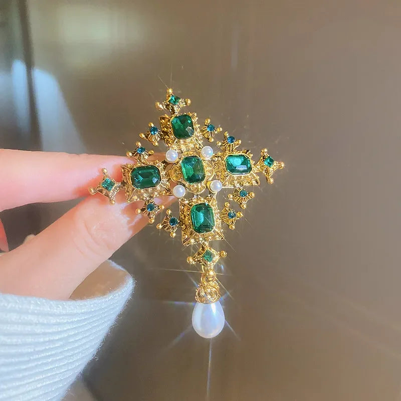 Vintage Cross Brooch for Women Geometric Green Crystal Pearl Pendant Jewelry Accessories