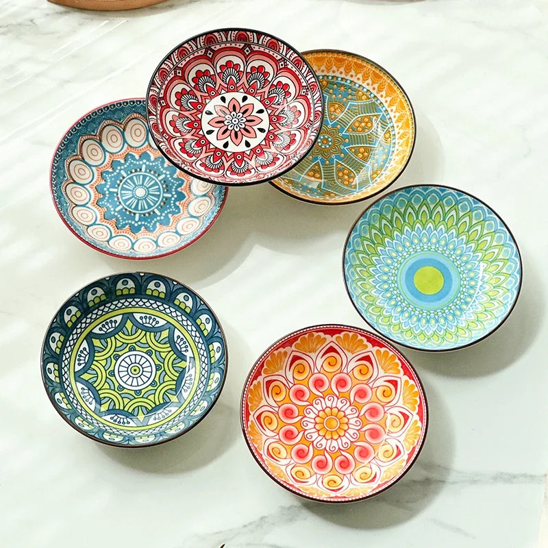 6-Piece Bohemian Ceramic Plates 5.7 Inch - Creative for Breakfast/Salad/Pasta/Dessert/Appetizer, Microwave/Oven/Dishwasher Safe