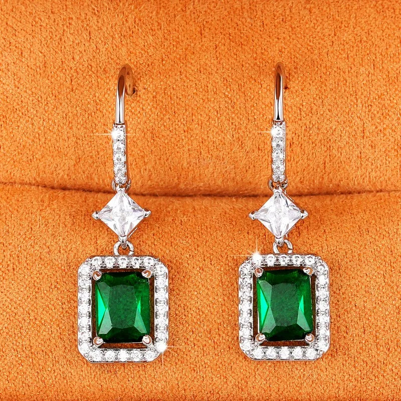 Huitan Modern Fashion Green CZ Drop Earrings for Women Silver Color Luxury Bridal Wedding Party Accessories New Trendy Jewelry