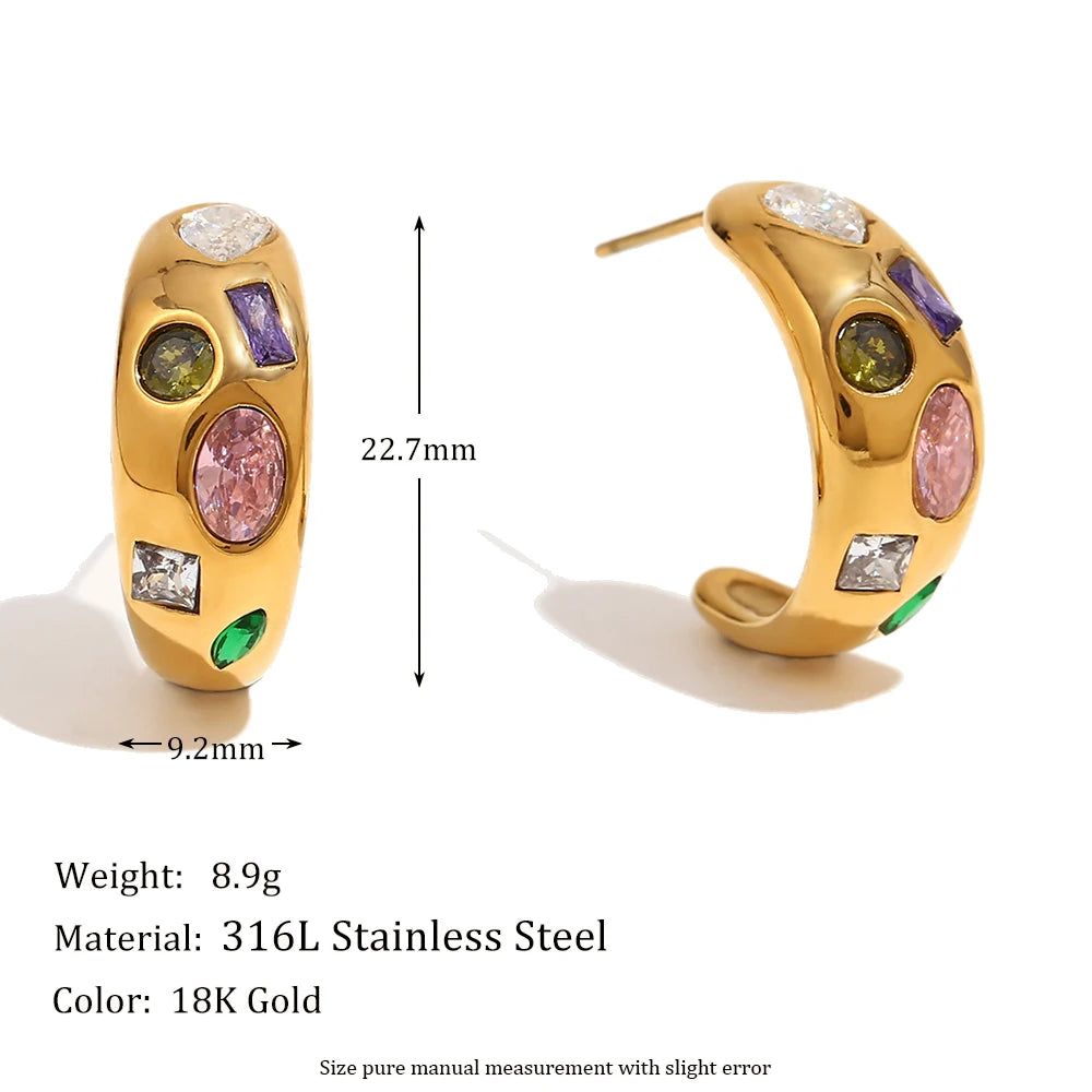 E.B.belle Geometry Colorful Zircon C-shpaed Stud Earring Basic Fahsion Stainless Steel Women Jewelry Waterproof Hypoallergenic