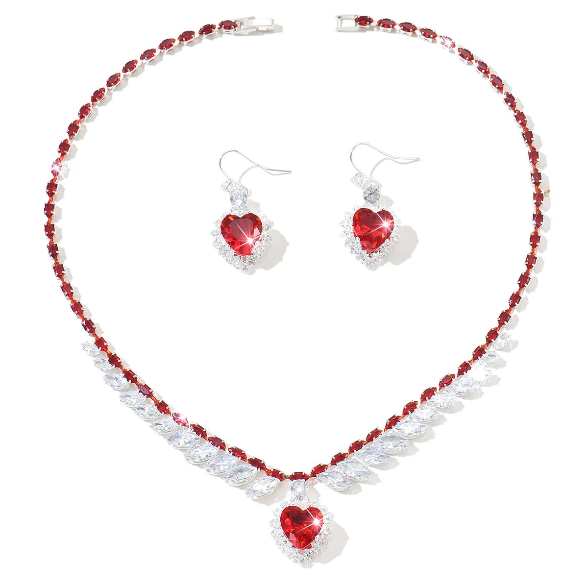 Cross Border Luxury Fashion Leaf Love Zircon Necklace Earring Set, Trendy and High-End Versatile Necklace Set with Accessories