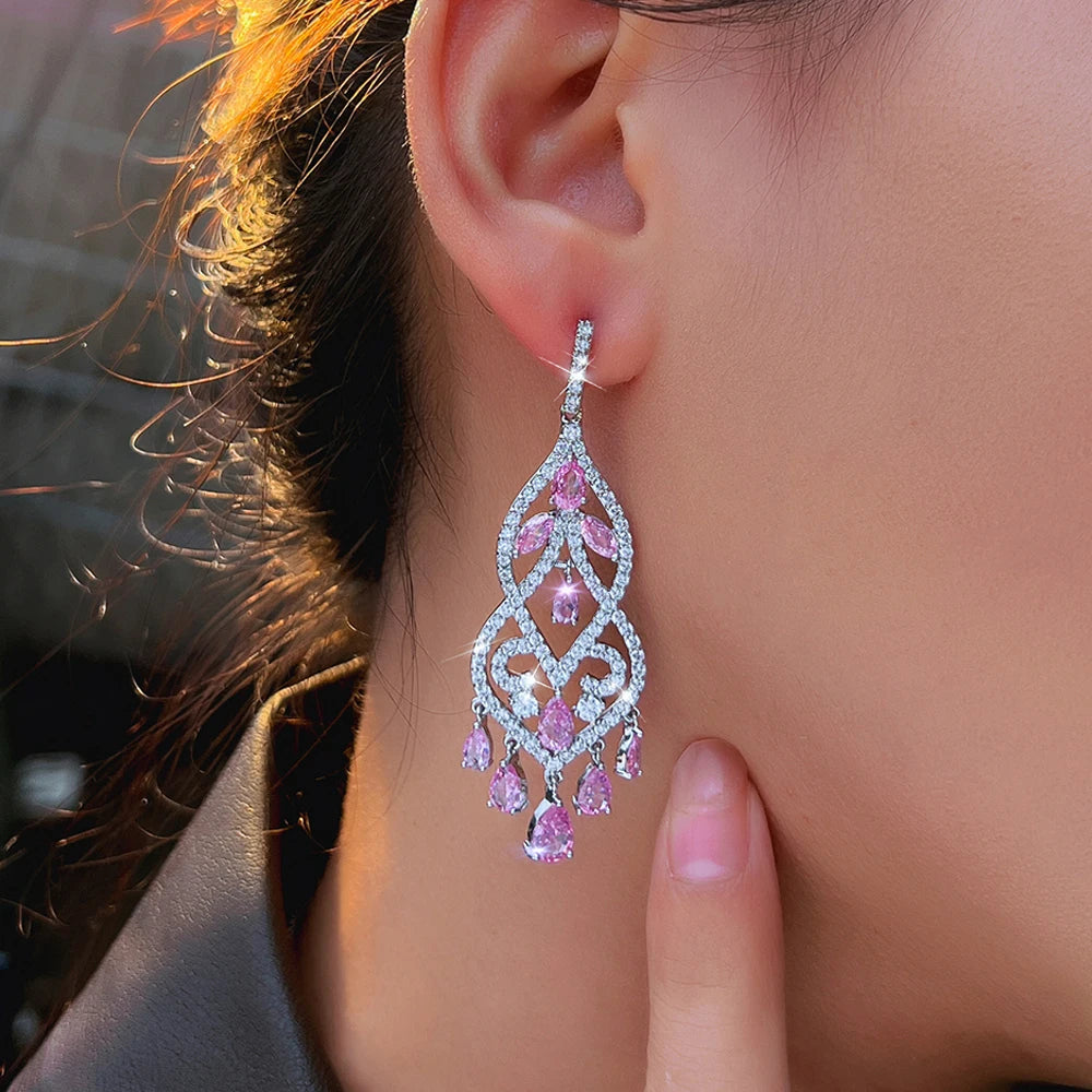 ThreeGraces Elegant Trendy Shiny White Zirconia Long Tassel Drop Bridal Wedding Party Dangle Earrings Jewelry for Women E2066